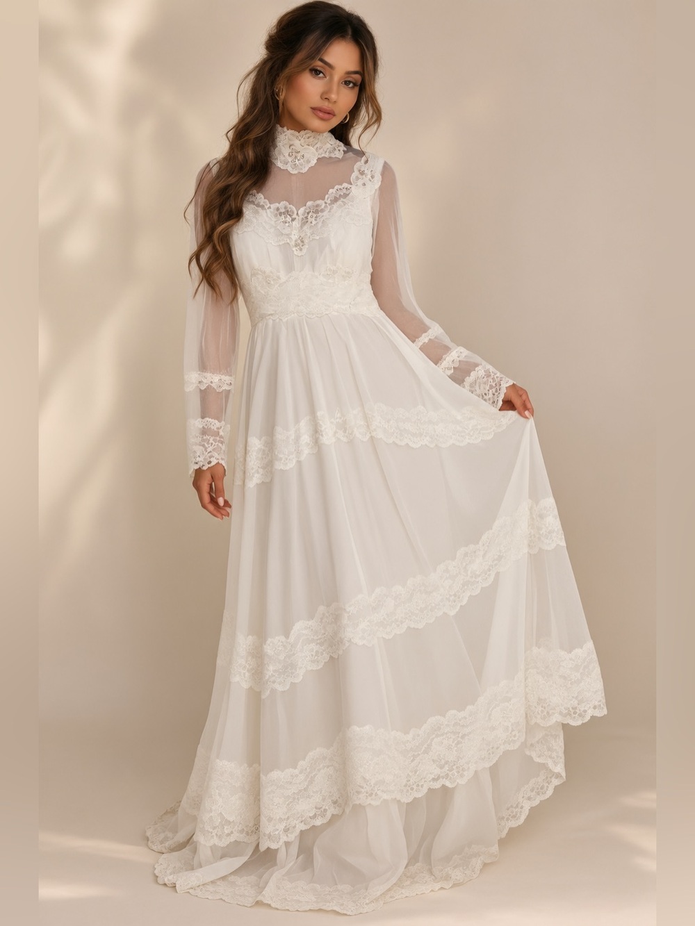 Vintage Ivory Lace Maxi Dress Sheer Sleeves Pearl Floral Union Made Size 10